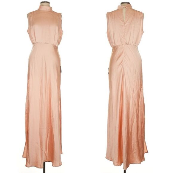 Lulus Classic Elegance Blush Satin Sleeveless Mock Neck Maxi Dress Small NEW - Picture 4 of 15